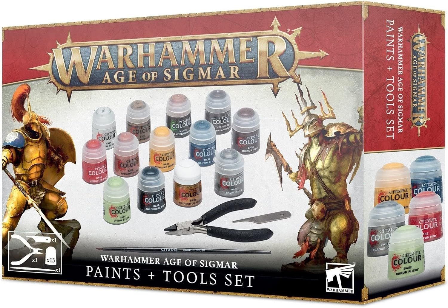 Warhammer Age of Sigmar Paints + Tools Set packaging with figurines and paint bottles.