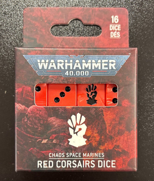 Warhammer 40,000 Chaos Space Marines Red Corsairs dice set packaging on a dark background