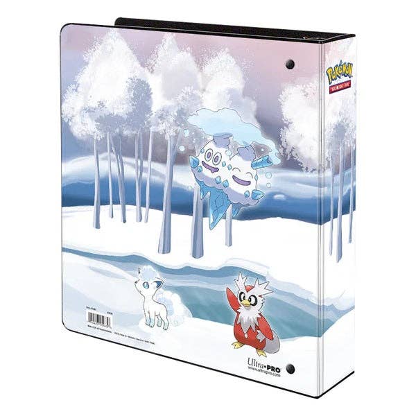 Pokémon-themed binders with characters in a snowy landscape on a white background