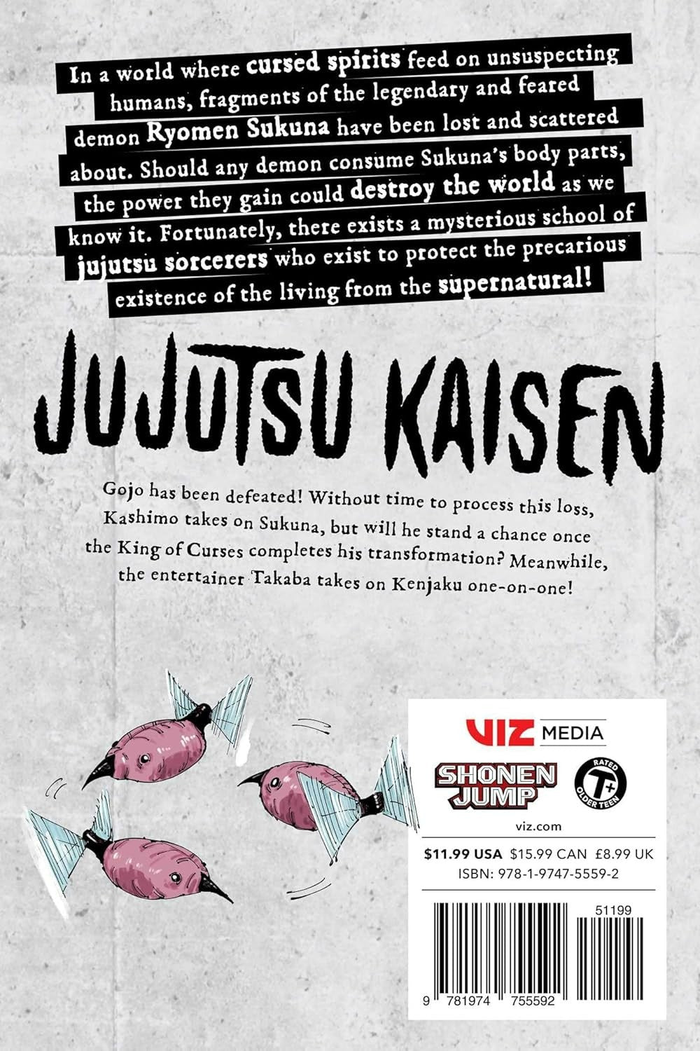 Back cover of 'Jujutsu Kaisen' with text and character illustrations on a gray background