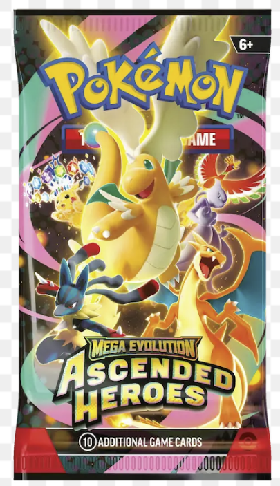 Pokémon Mega Evolution Ascended Heroes trading card game pack with colorful graphics and Pokémon characters.