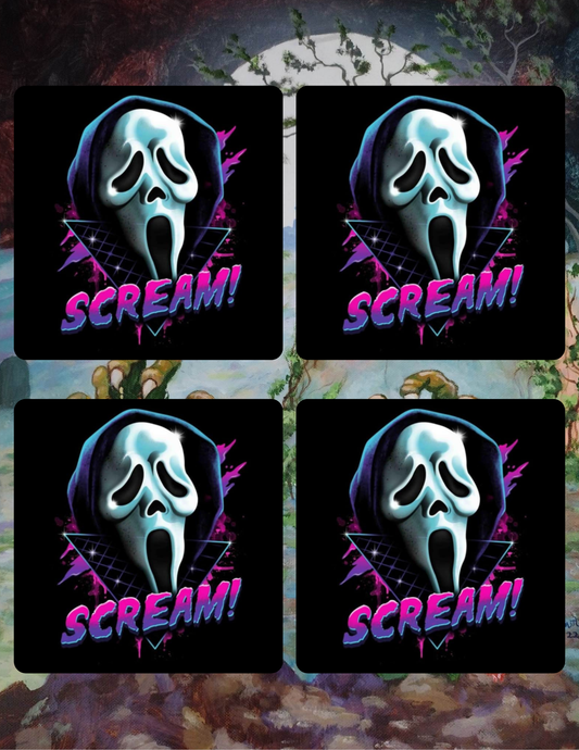 Four instances of a 'Scream!' logo with a ghost face design on a dark background.