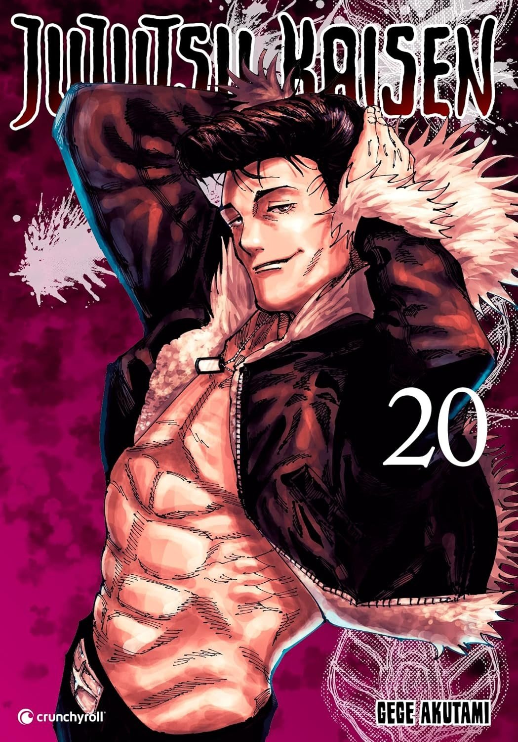 Manga book cover of 'Jujutsu Kaisen' with a character in a jacket on a pink background