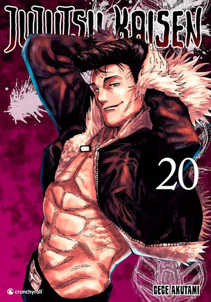 Manga book cover of 'Jujutsu Kaisen' with a character in a jacket on a pink background