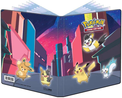 Pokémon trading card game binder with cartoon characters on a cityscape background