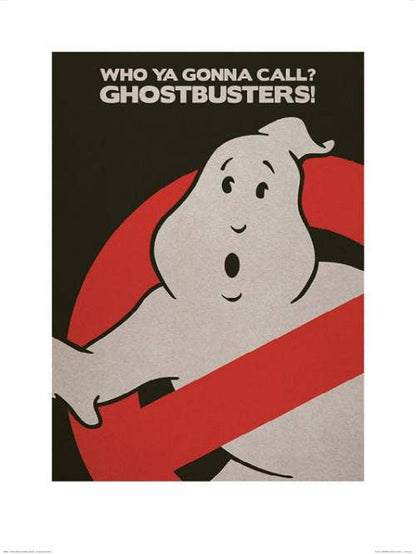 Ghostbusters logo with ghost character and text 'Who ya gonna call? Ghostbusters!' on a black background
