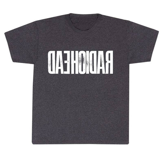 Black t-shirt with 'Radiohead' text on a white background