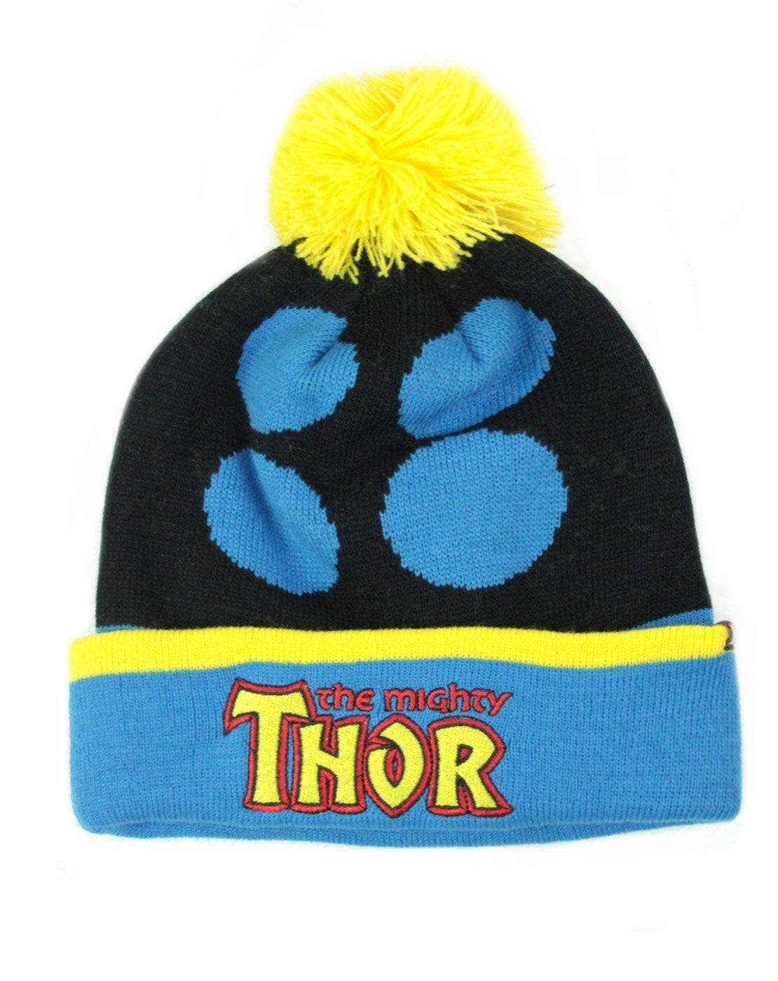 Black beanie with blue paw prints and yellow accents, featuring 'The Mighty Thor' logo.