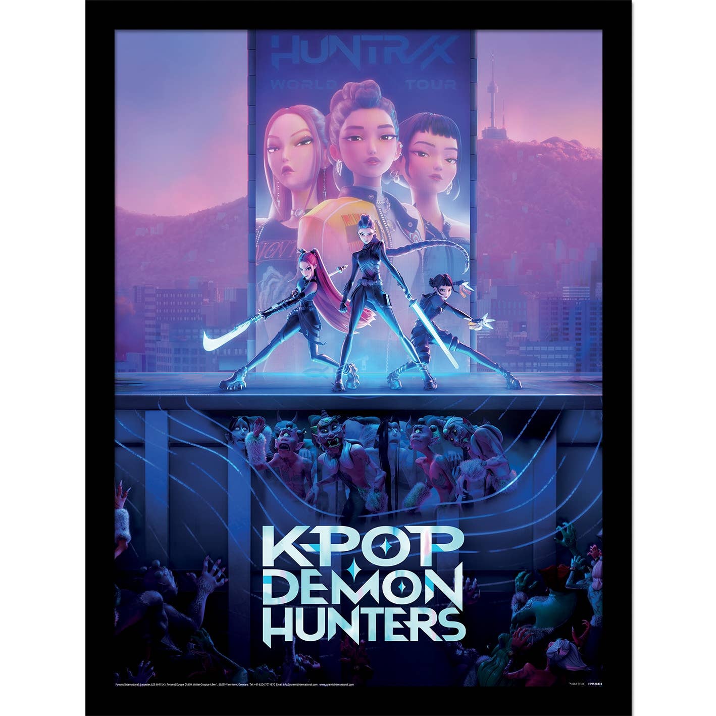 Promotional poster for 'K-Pop Demon Hunters' with animated characters and cityscape background.