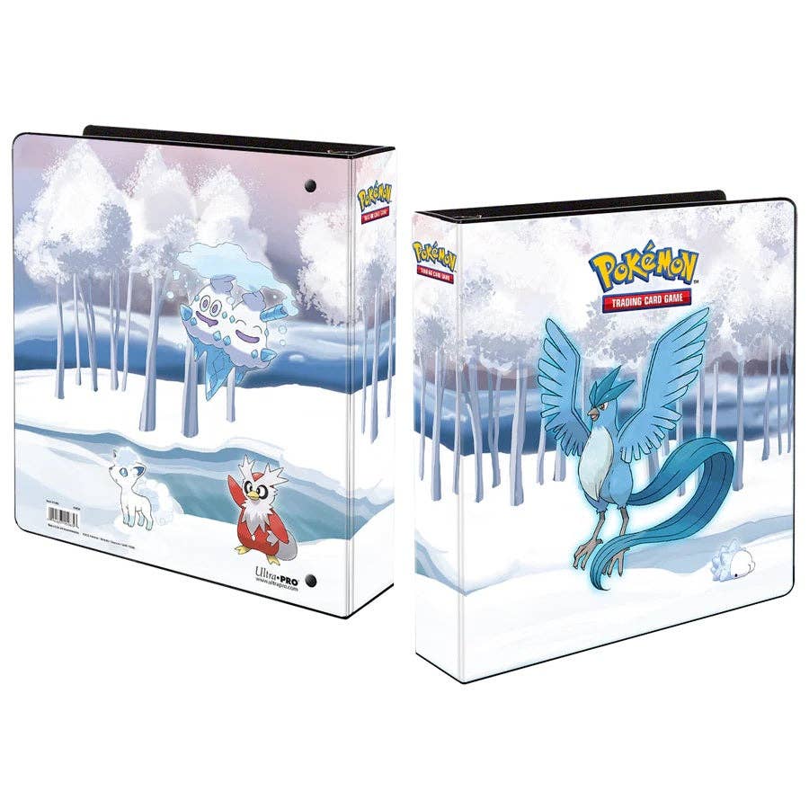 Two Pokémon trading card binders with snowy landscape design on a white background