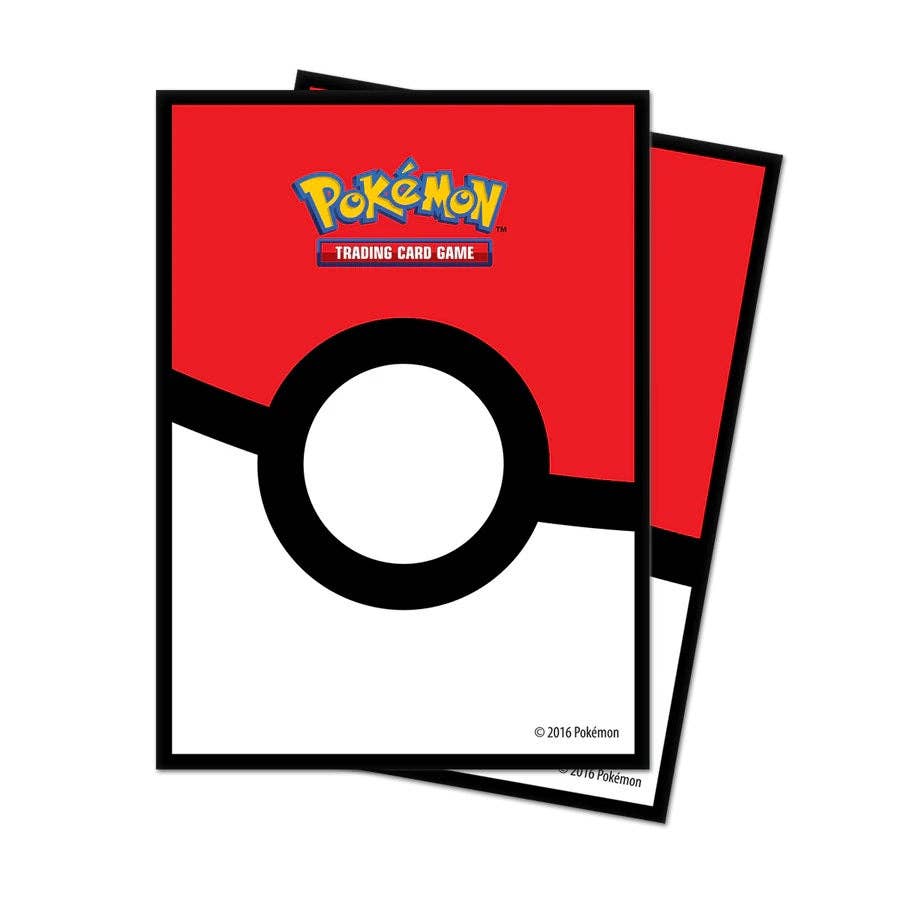 Two red card sleeves with a black circle and Pokémon logo on a white background