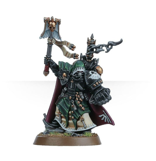 Warhammer figurine with detailed armor and weapons on a white background
