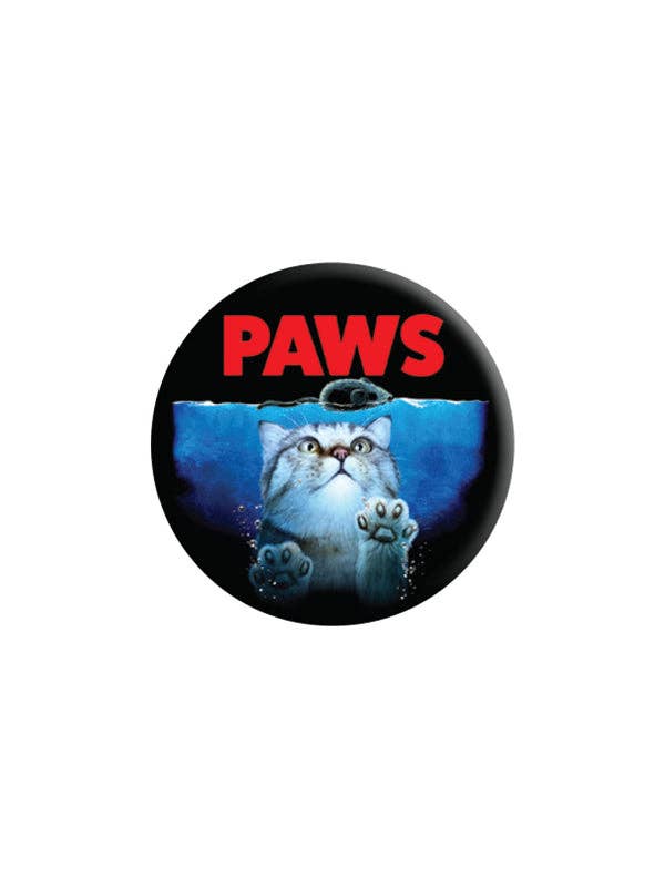 Button badge with a cat and 'PAWS' text on a white background