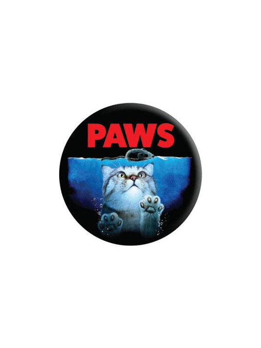 Button badge with a cat and 'PAWS' text on a white background