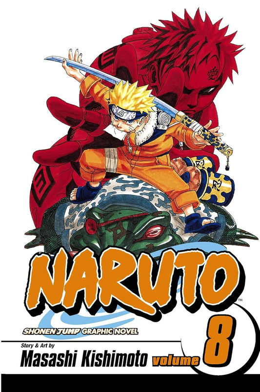 Manga book cover of 'Naruto' Volume 8 with characters in action poses.