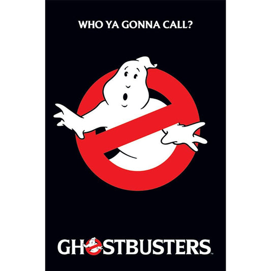 Ghostbusters logo with a ghost and 'Who Ya Gonna Call?' text on a black background