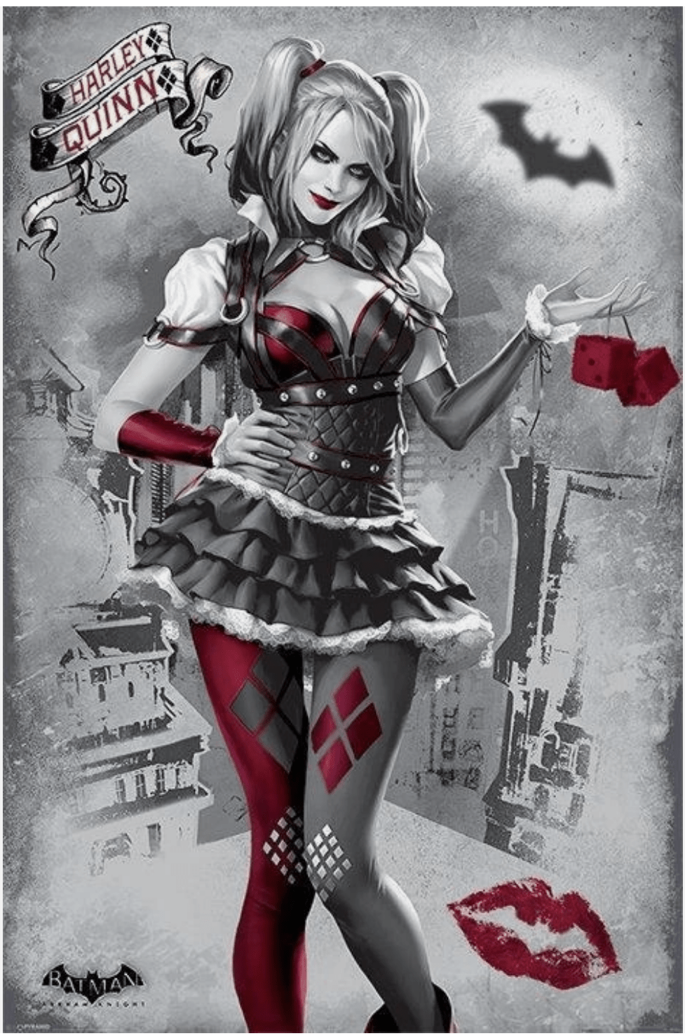 Harley Quinn character with a cityscape background and Batgirl logo.