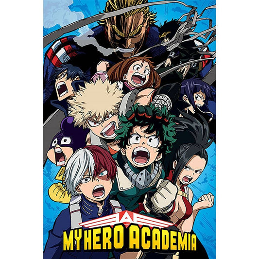 Poster of 'My Hero Academia' with characters in action poses against a blue background