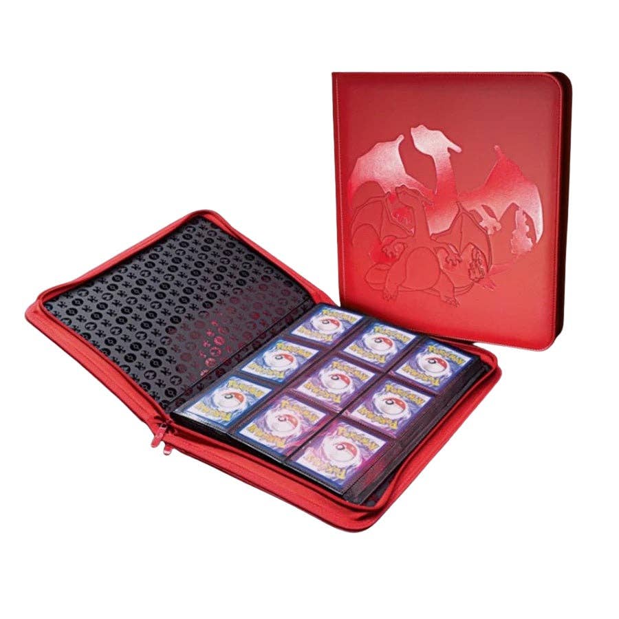 Red card holder with a dragon design containing trading cards on a white background
