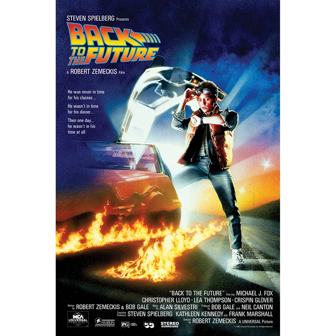 Movie poster for 'Back to the Future' featuring a character with a time machine and flames.