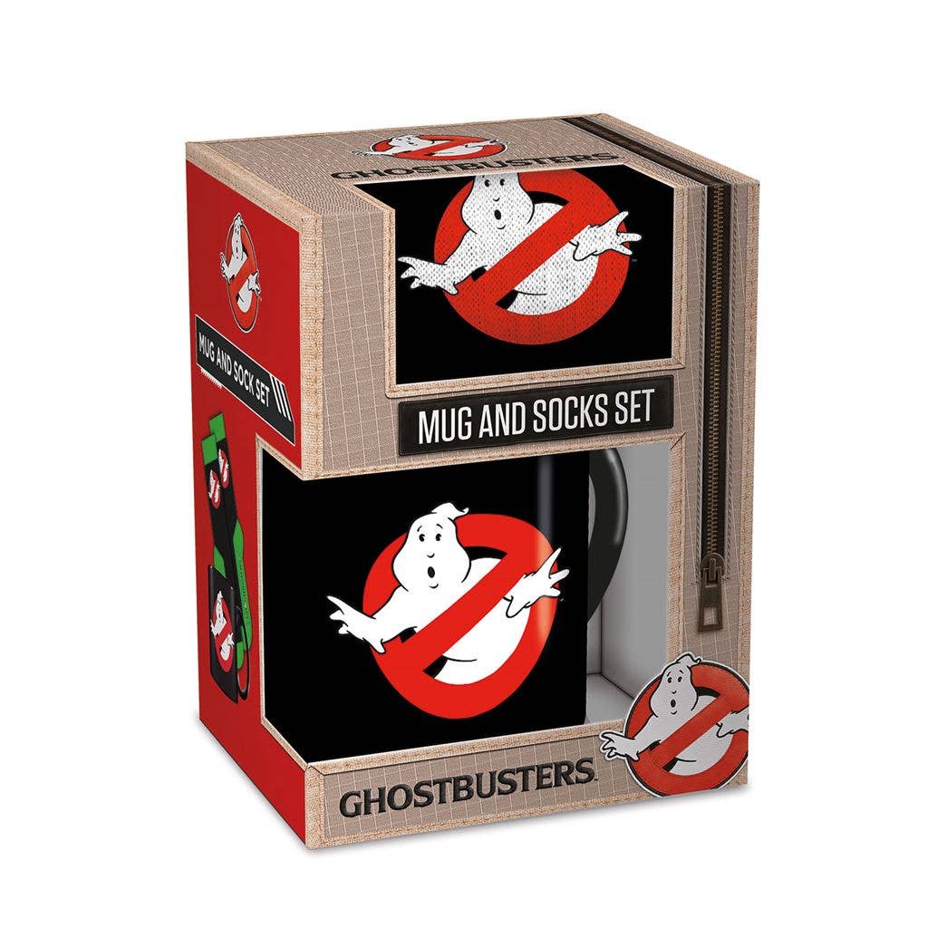 Ghostbusters mug and socks set packaging with red and black design