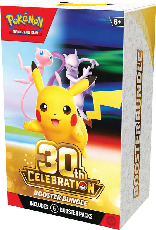 Pokémon Trading Card Game 30th Celebration Booster Bundle box, featuring Pikachu, Mew, and Eevee on the front with a colorful gradient background and white side panel.