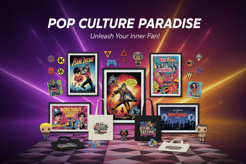 Collection of pop culture merchandise with vibrant graphics and text on a purple and orange gradient background.