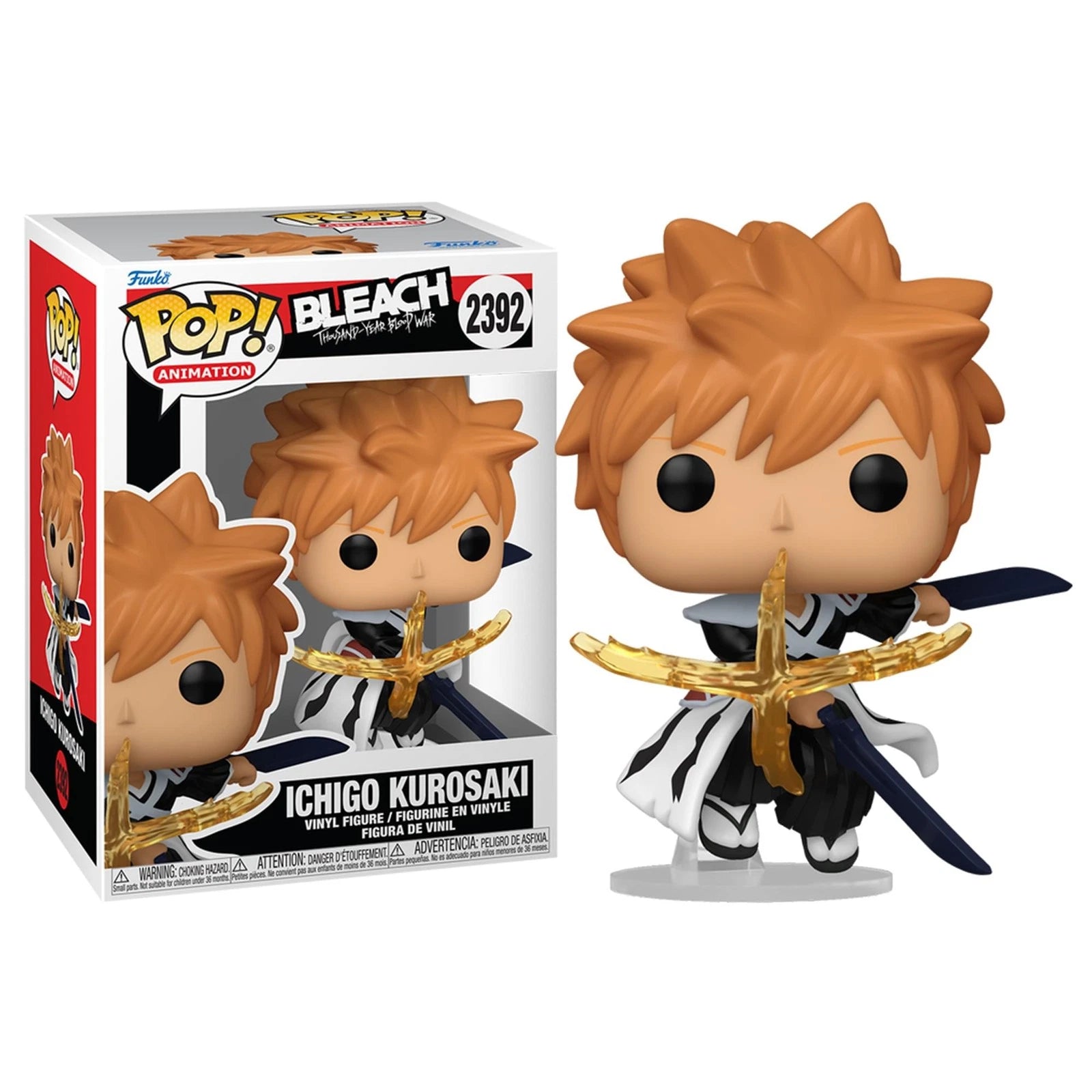 Funko Pop! Animation Bleach Ichigo Kurosaki vinyl figure shown next to its retail box on a clean white background.