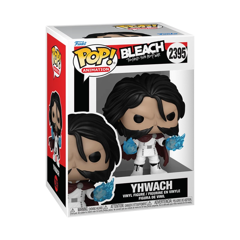 Funko Pop! Animation Bleach Yhwach vinyl figure in its original window box packaging, featuring the character with black hair, white and black clothing, and blue energy effects.