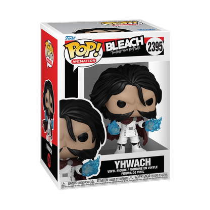 Funko Pop! Animation Bleach Yhwach vinyl figure in its original window box packaging, featuring the character with black hair, white and black clothing, and blue energy effects.
