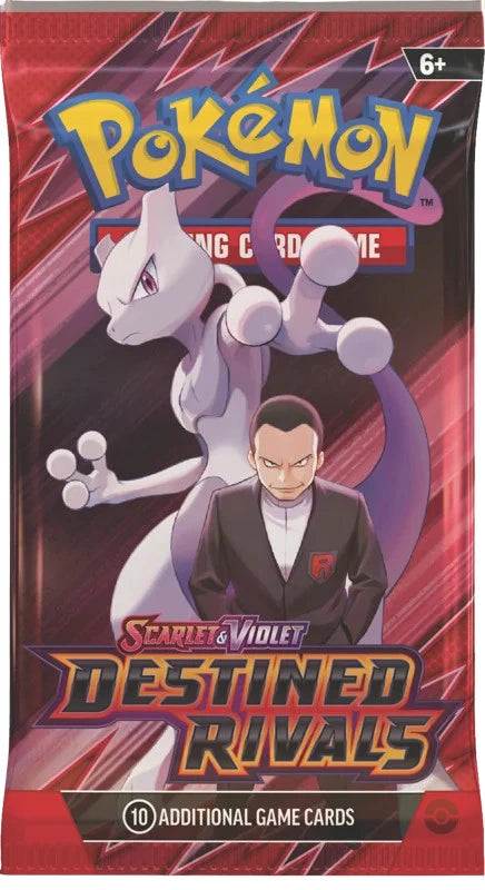 Pokémon Scarlet & Violet Destined Rivals booster pack packaging featuring Mew and a character in a suit on a red and purple background.