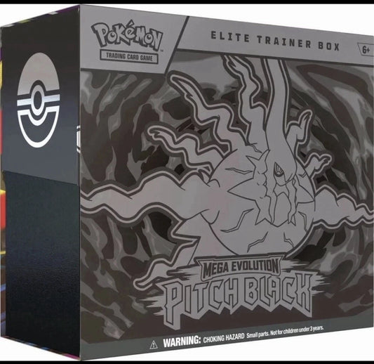 Pokémon Trading Card Game Elite Trainer Box for Mega Evolution Pitch Black, featuring a dark gray and black box with a stylized Pitch Black illustration and a Pokémon logo on the side.