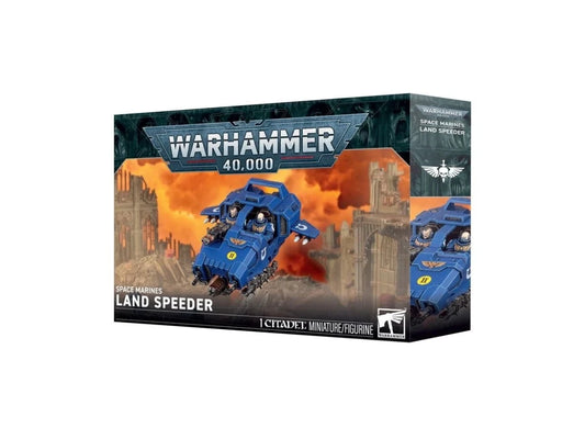 Warhammer 40,000 Space Marines Land Speeder miniature figurine box, featuring a blue armored vehicle on a cityscape background with orange flames.