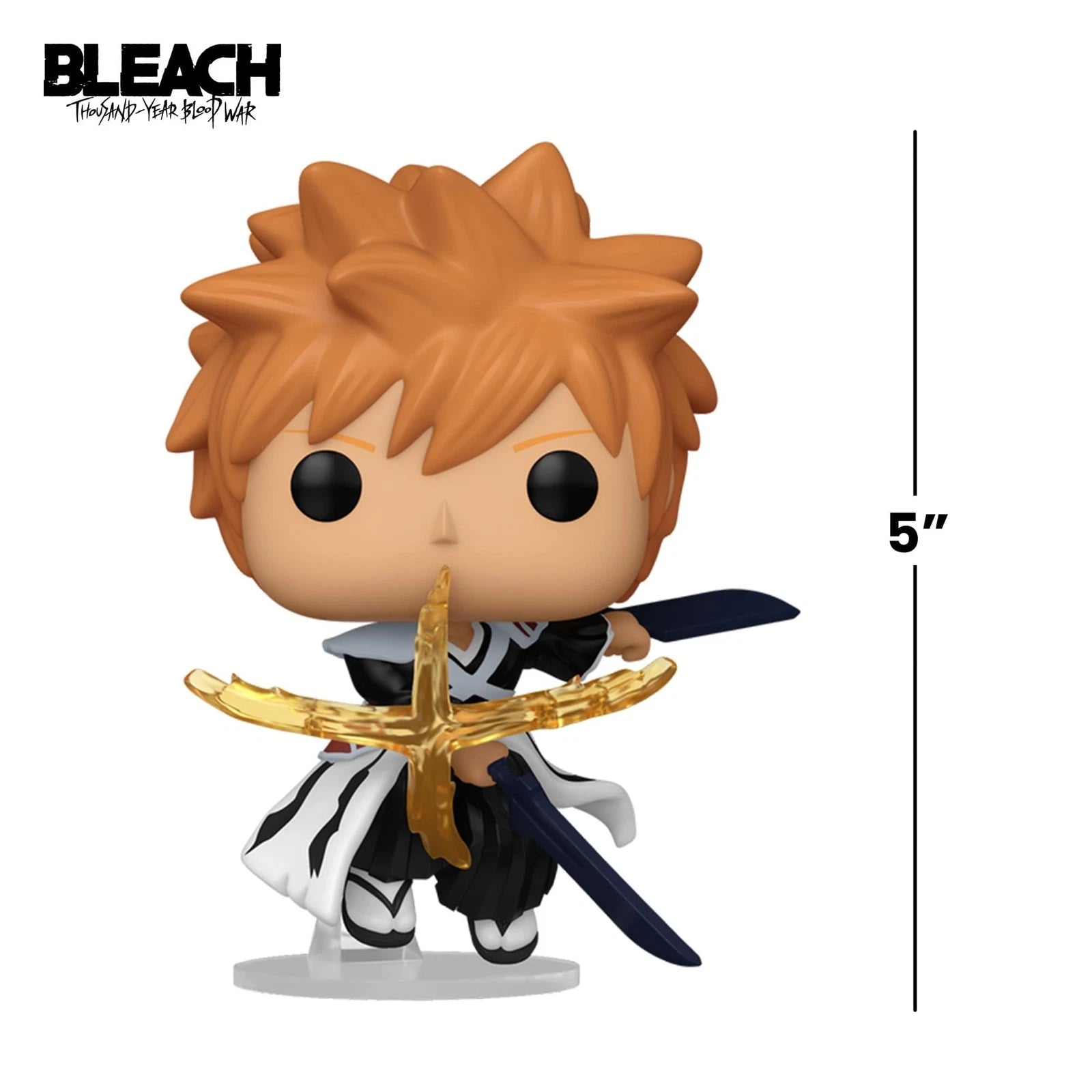 Bleach Funko Pop! vinyl figure of Ichigo Kurosaki holding a gold Zangetsu, shown on a white background with a 5-inch height indicator and Bleach logo.