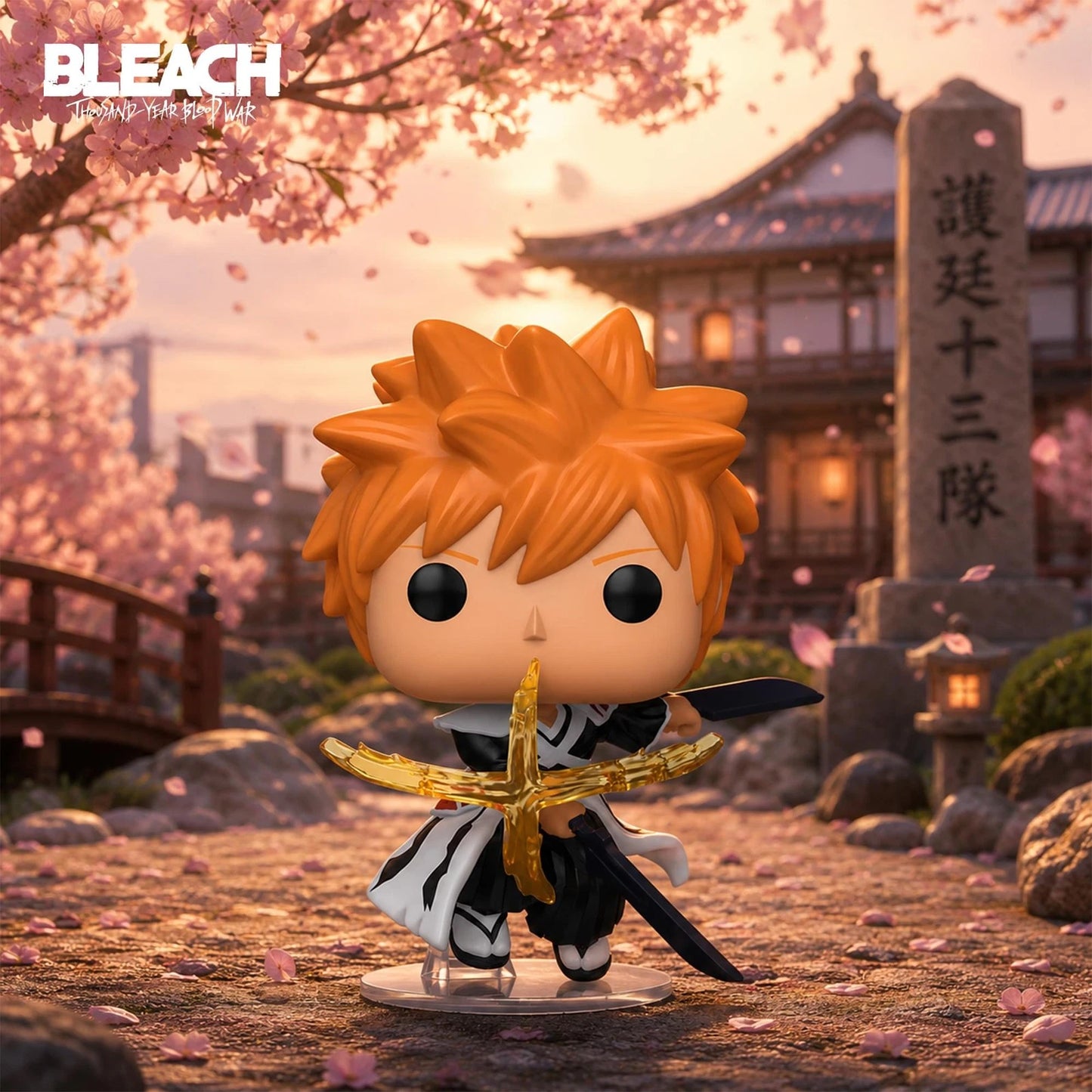 A Bleach collectible vinyl figure of Ichigo Kurosaki standing in a cherry-blossom-lined courtyard with a Japanese building in the background. The figure has orange hair, a black-and-white outfit, and holds a gold-colored sword.