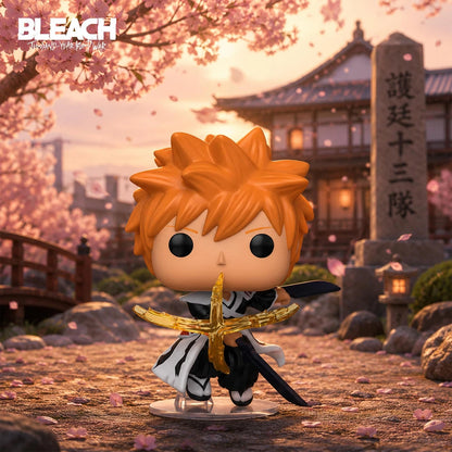 A Bleach collectible vinyl figure of Ichigo Kurosaki standing in a cherry-blossom-lined courtyard with a Japanese building in the background. The figure has orange hair, a black-and-white outfit, and holds a gold-colored sword.
