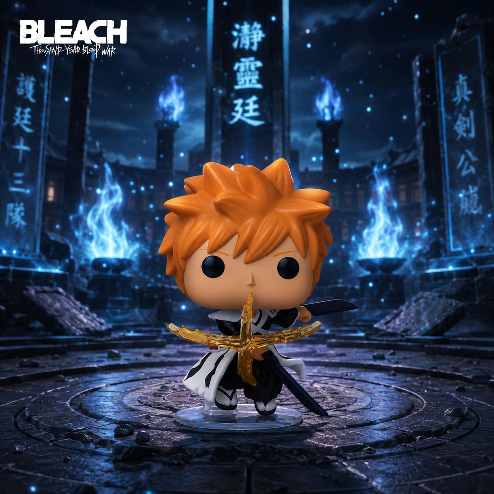A Bleach anime collectible figure of Ichigo Kurosaki standing on a circular platform in a dark blue ritual arena. The figure has spiky orange hair, a black and white outfit with a gold sword hilt, and holds a sword in one hand.