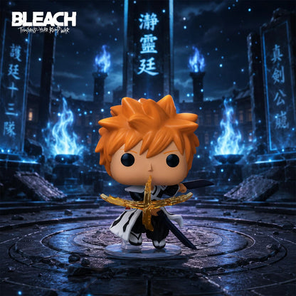 A Bleach anime collectible figure of Ichigo Kurosaki standing on a circular platform in a dark blue ritual arena. The figure has spiky orange hair, a black and white outfit with a gold sword hilt, and holds a sword in one hand.