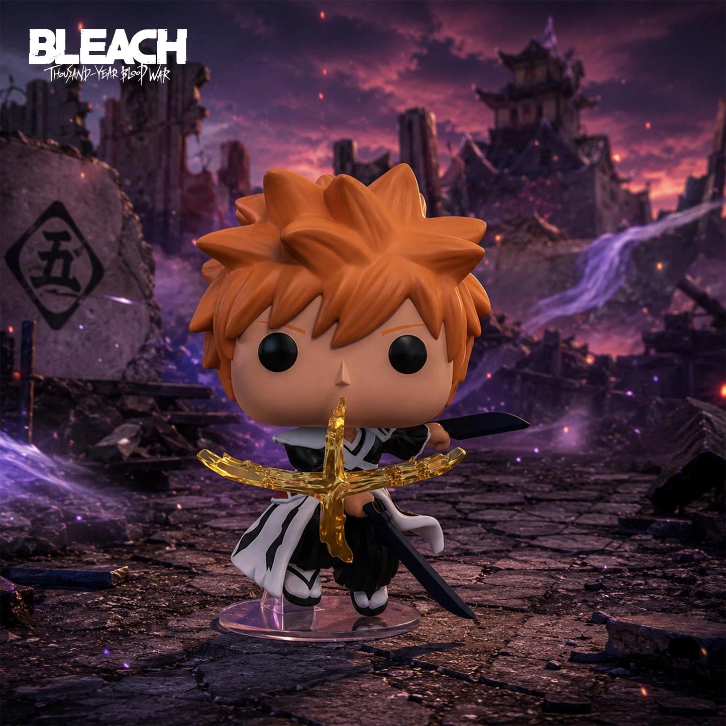 Bleach Funko Pop! vinyl figure of Ori Shimura holding a golden sword, set against a dark, ruined cityscape background with the Bleach logo in the top left corner.