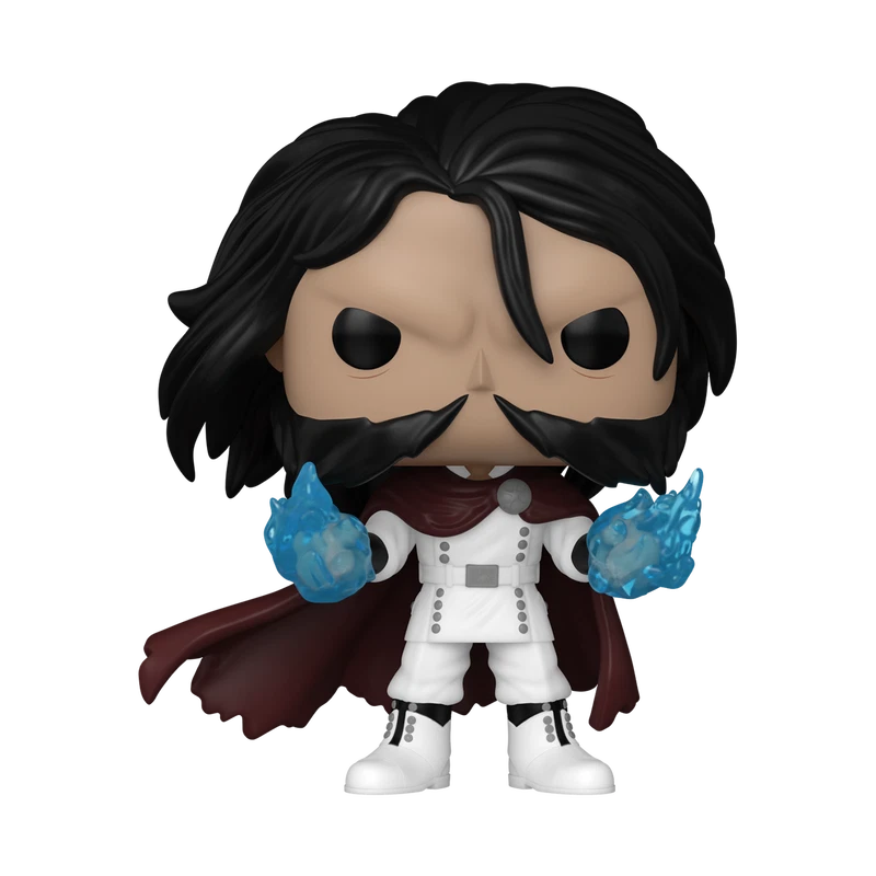 Funko Pop! vinyl figure of a bearded man with long black hair, wearing a white outfit and dark red cape, with translucent blue energy effects in his hands, on a white background.