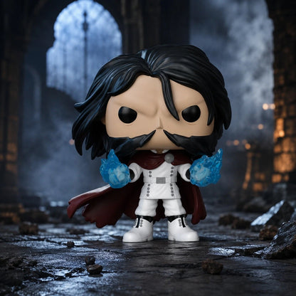 A stylized vinyl figure of a fantasy character with long black hair, a black mustache, a white outfit, and a dark red cape, standing in a dark stone corridor with glowing blue energy effects around the hands.