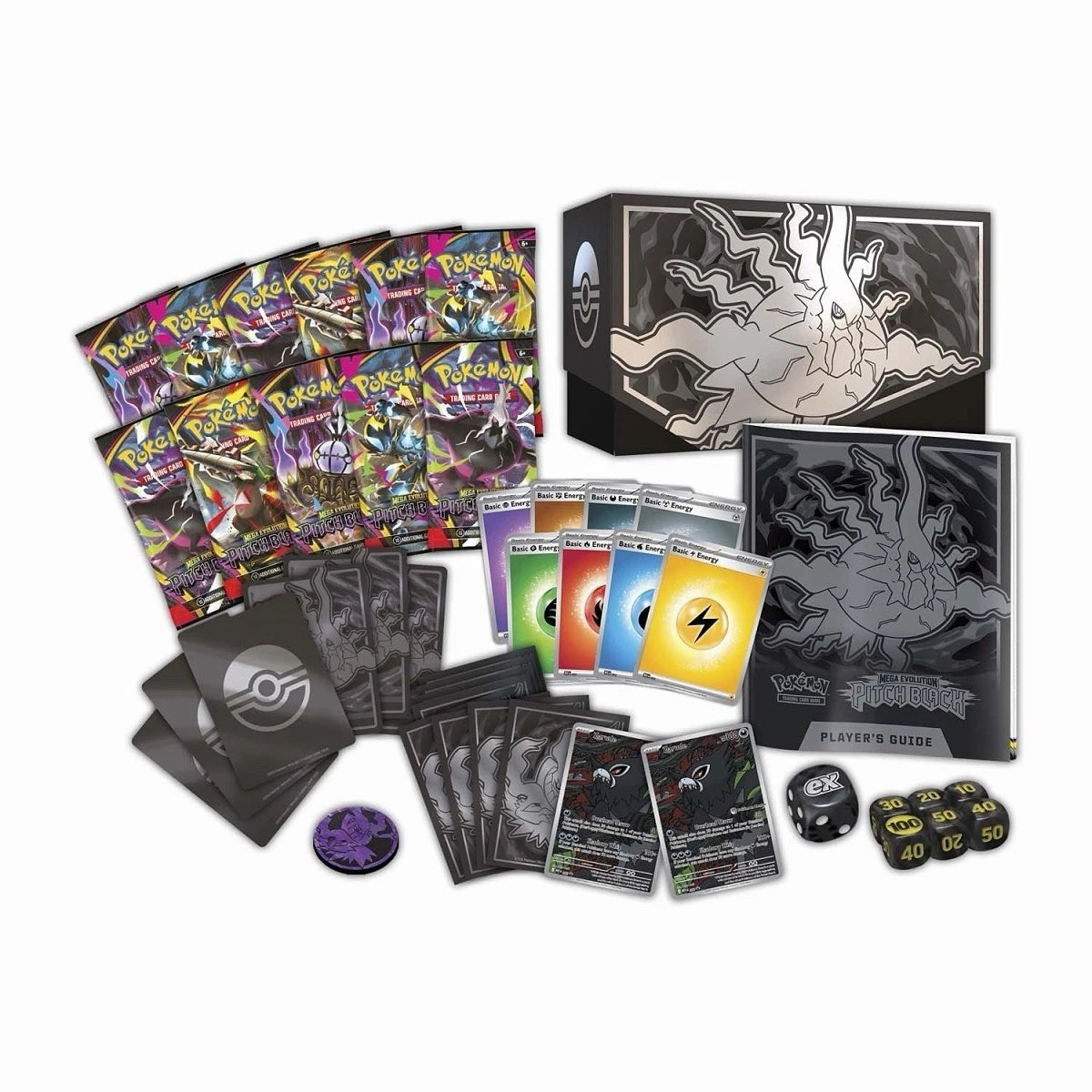 Collection of Pokémon trading cards, a box, and dice on a white background