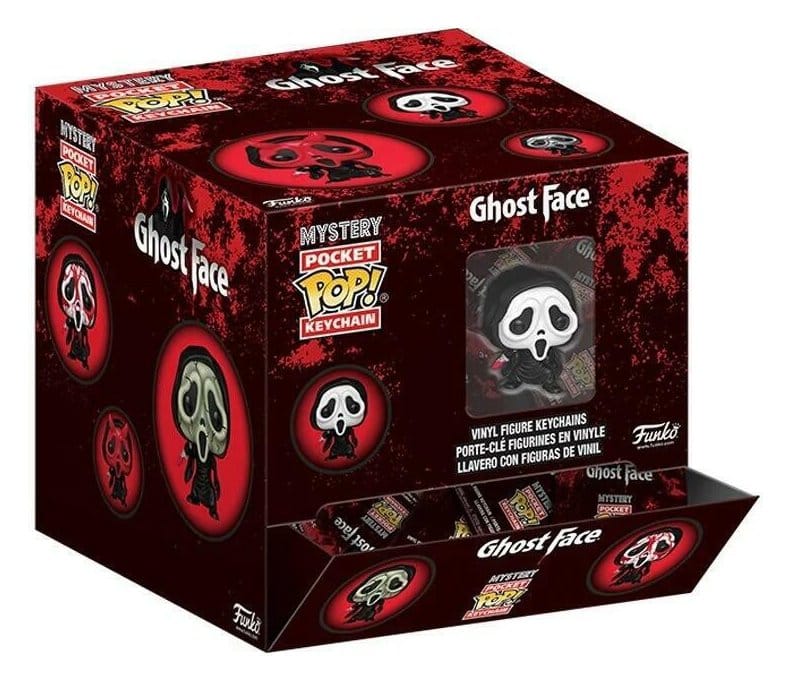 A box of Funko Mystery Pocket Pop! Keychains Ghost Face vinyl figure keychains, featuring a red and black splatter design with the Ghost Face logo.